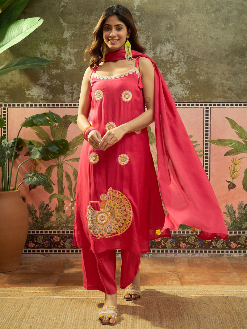 Rani Embroidered Shoulder Straps Straight Kurta With Trouser & Dupatta Kurta Set