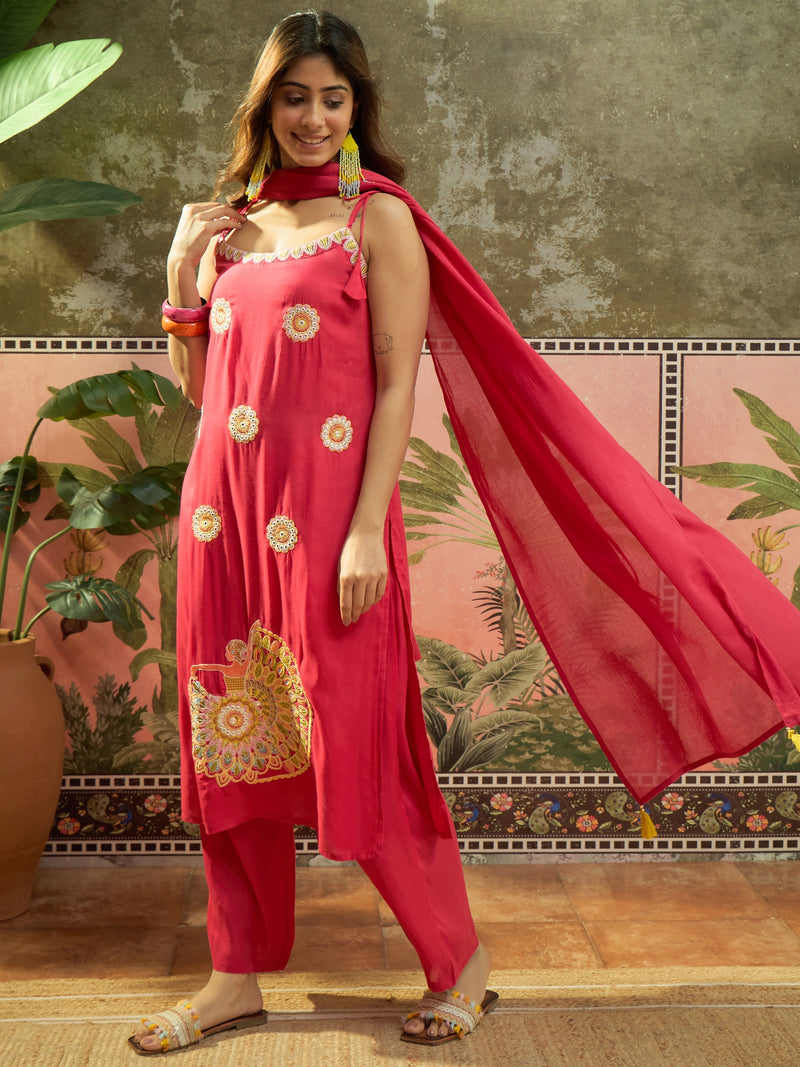 Rani Embroidered Shoulder Straps Straight Kurta With Trouser & Dupatta Kurta Set