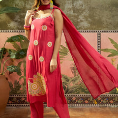 Rani Embroidered Shoulder Straps Straight Kurta With Trouser & Dupatta Kurta Set