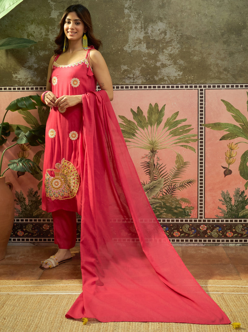 Rani Embroidered Shoulder Straps Straight Kurta With Trouser & Dupatta Kurta Set