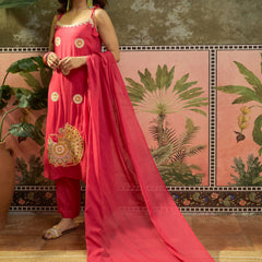 Rani Embroidered Shoulder Straps Straight Kurta With Trouser & Dupatta Kurta Set