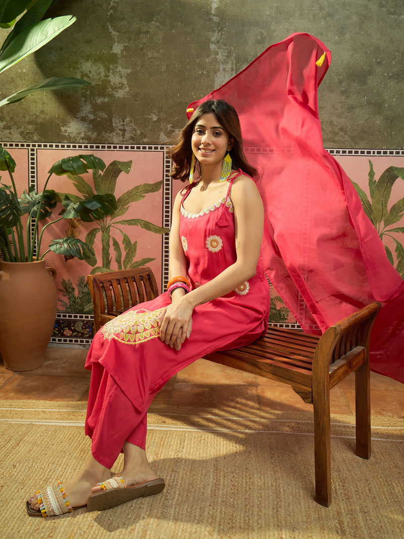 Rani Embroidered Shoulder Straps Straight Kurta With Trouser & Dupatta Kurta Set