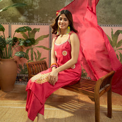Rani Embroidered Shoulder Straps Straight Kurta With Trouser & Dupatta Kurta Set
