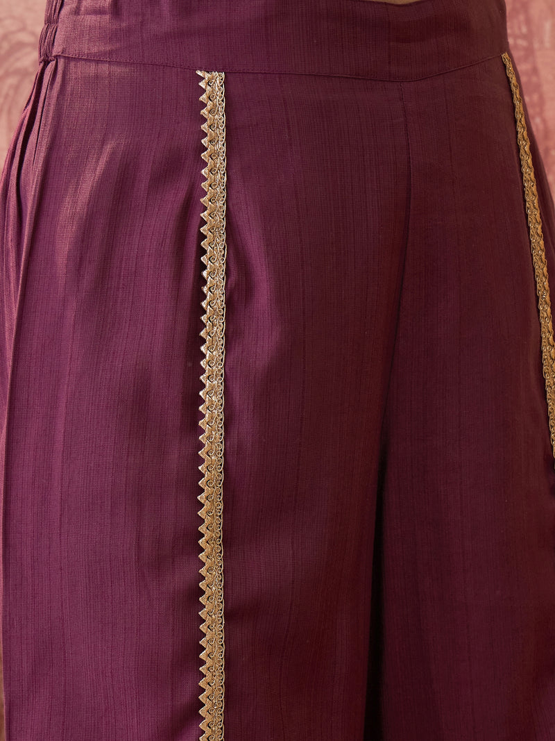 Wine Floral Embroidered & Sequinned A-Line Kurta With Palazzos & Bag Kurta Set