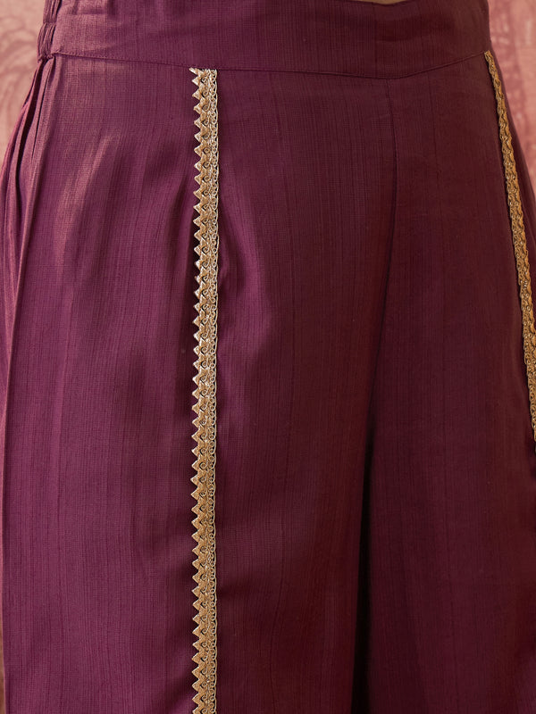 Wine Floral Embroidered & Sequinned A-Line Kurta With Palazzos & Bag Kurta Set