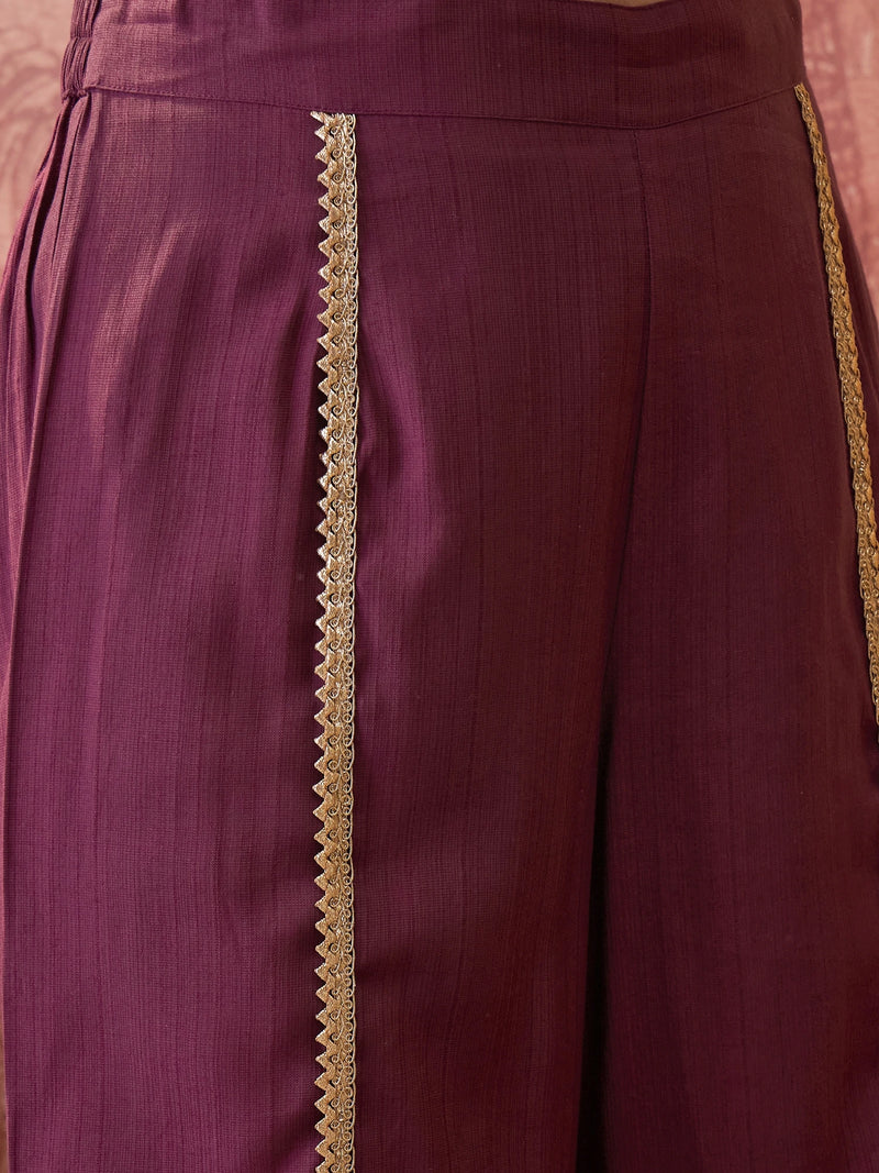 Wine Floral Embroidered & Sequinned A-Line Kurta With Palazzos & Bag Kurta Set
