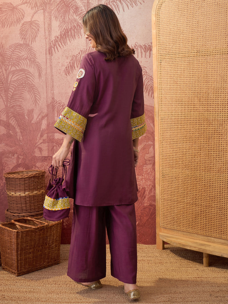 Wine Floral Embroidered & Sequinned A-Line Kurta With Palazzos & Bag Kurta Set