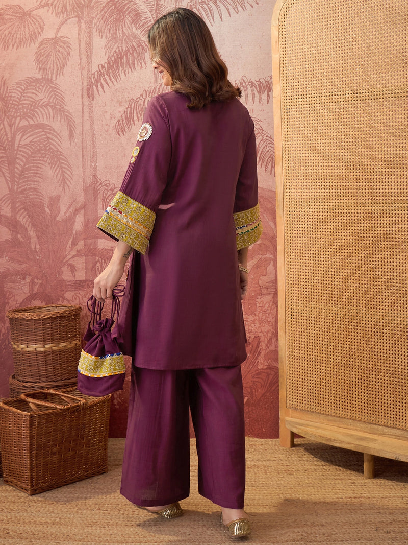 Wine Floral Embroidered & Sequinned A-Line Kurta With Palazzos & Bag Kurta Set