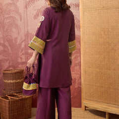 Wine Floral Embroidered & Sequinned A-Line Kurta With Palazzos & Bag Kurta Set