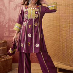 Wine Floral Embroidered & Sequinned A-Line Kurta With Palazzos & Bag Kurta Set