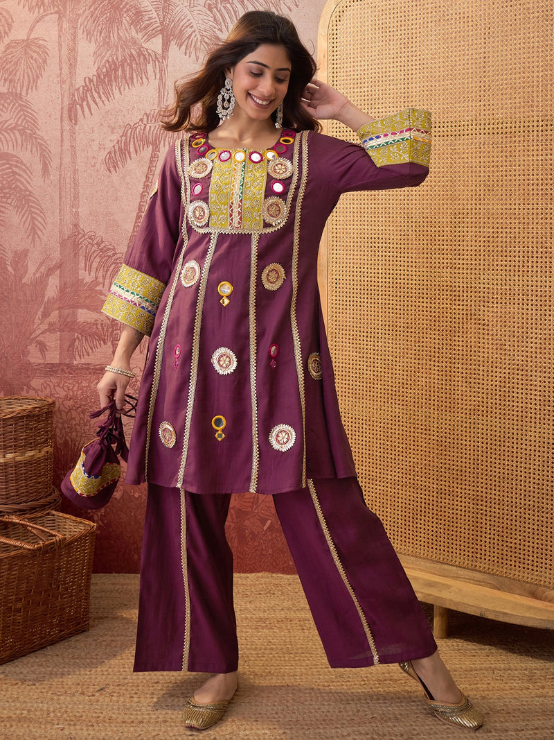 Wine Floral Embroidered & Sequinned A-Line Kurta With Palazzos & Bag Kurta Set