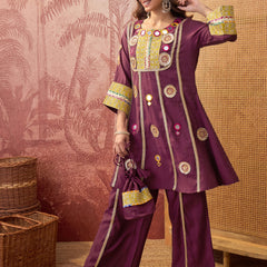 Wine Floral Embroidered & Sequinned A-Line Kurta With Palazzos & Bag Kurta Set