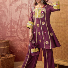 Wine Floral Embroidered & Sequinned A-Line Kurta With Palazzos & Bag Kurta Set
