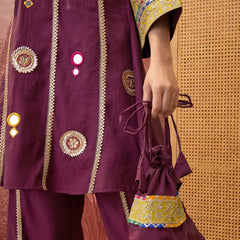 Wine Floral Embroidered & Sequinned A-Line Kurta With Palazzos & Bag Kurta Set
