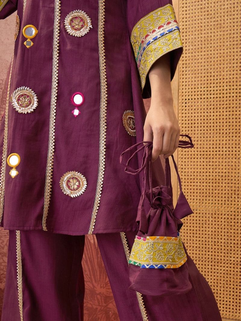 Wine Floral Embroidered & Sequinned A-Line Kurta With Palazzos & Bag Kurta Set