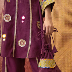 Wine Floral Embroidered & Sequinned A-Line Kurta With Palazzos & Bag Kurta Set