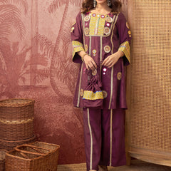 Wine Floral Embroidered & Sequinned A-Line Kurta With Palazzos & Bag Kurta Set