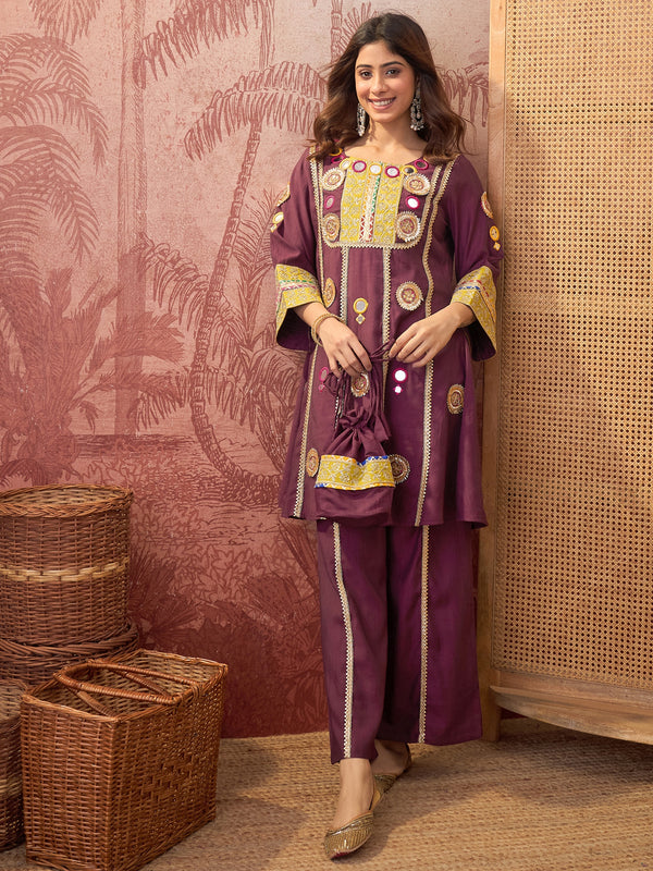 Wine Floral Embroidered & Sequinned A-Line Kurta With Palazzos & Bag Kurta Set