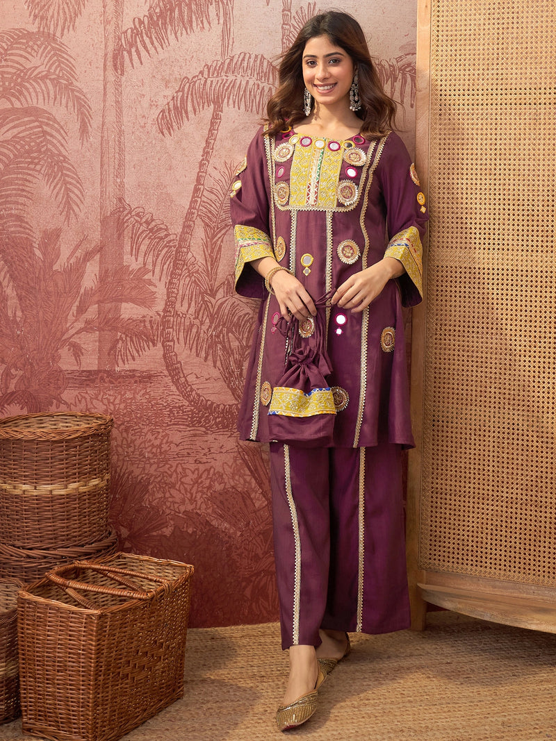 Wine Floral Embroidered & Sequinned A-Line Kurta With Palazzos & Bag Kurta Set