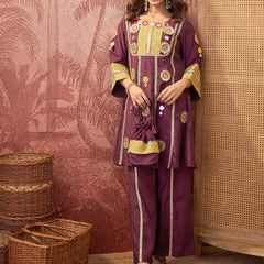 Wine Floral Embroidered & Sequinned A-Line Kurta With Palazzos & Bag Kurta Set