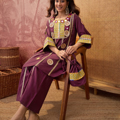 Wine Floral Embroidered & Sequinned A-Line Kurta With Palazzos & Bag Kurta Set