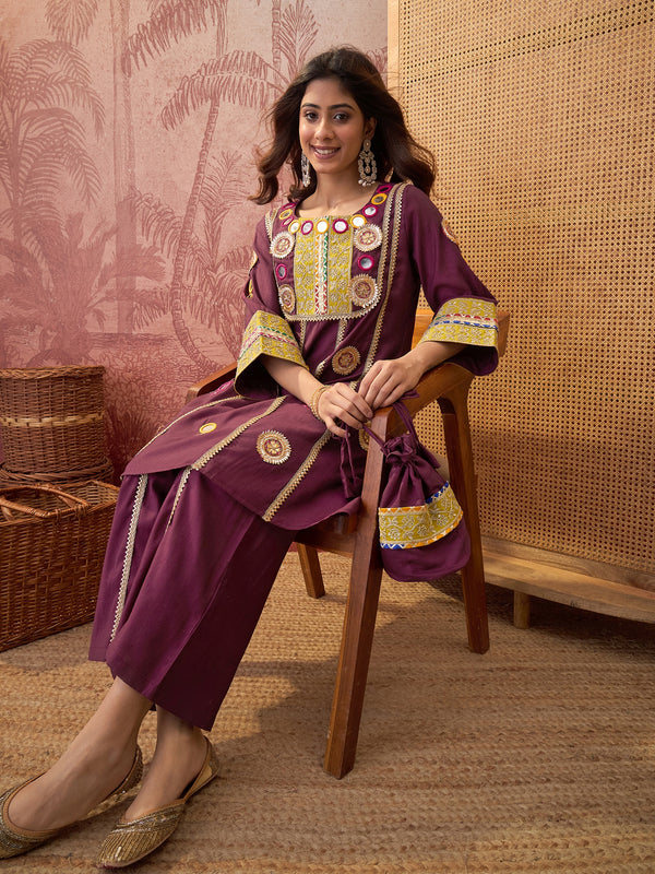 Wine Floral Embroidered & Sequinned A-Line Kurta With Palazzos & Bag Kurta Set