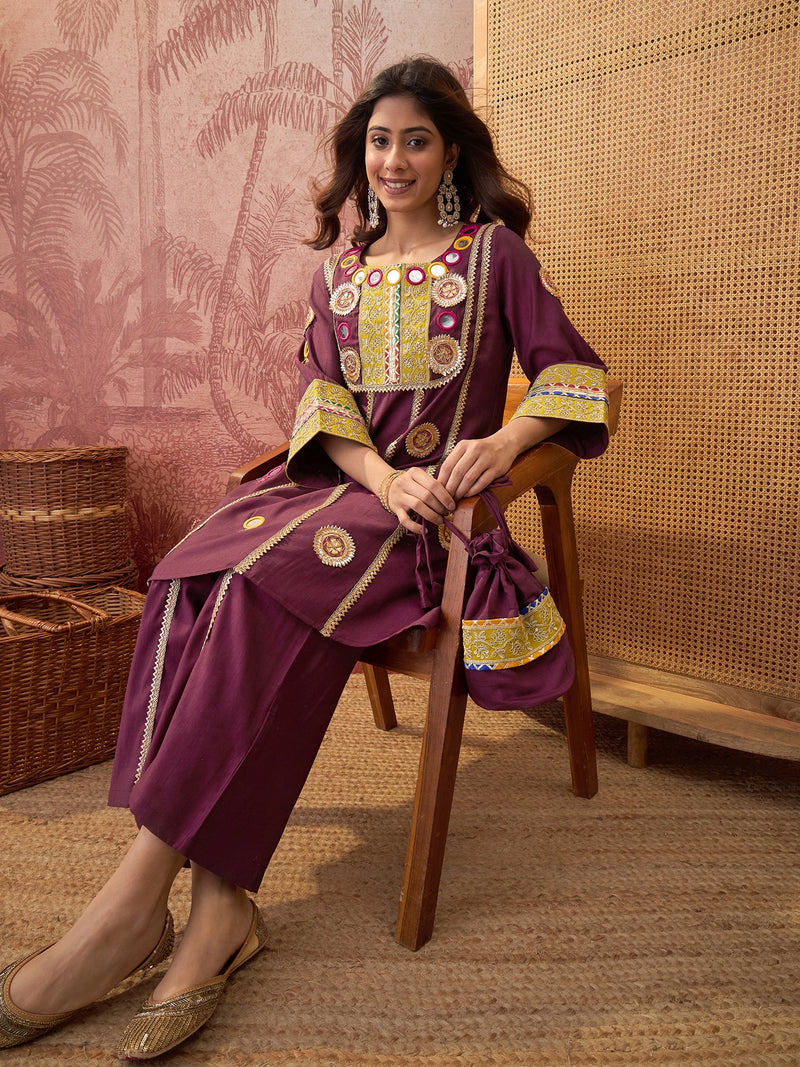 Wine Floral Embroidered & Sequinned A-Line Kurta With Palazzos & Bag Kurta Set