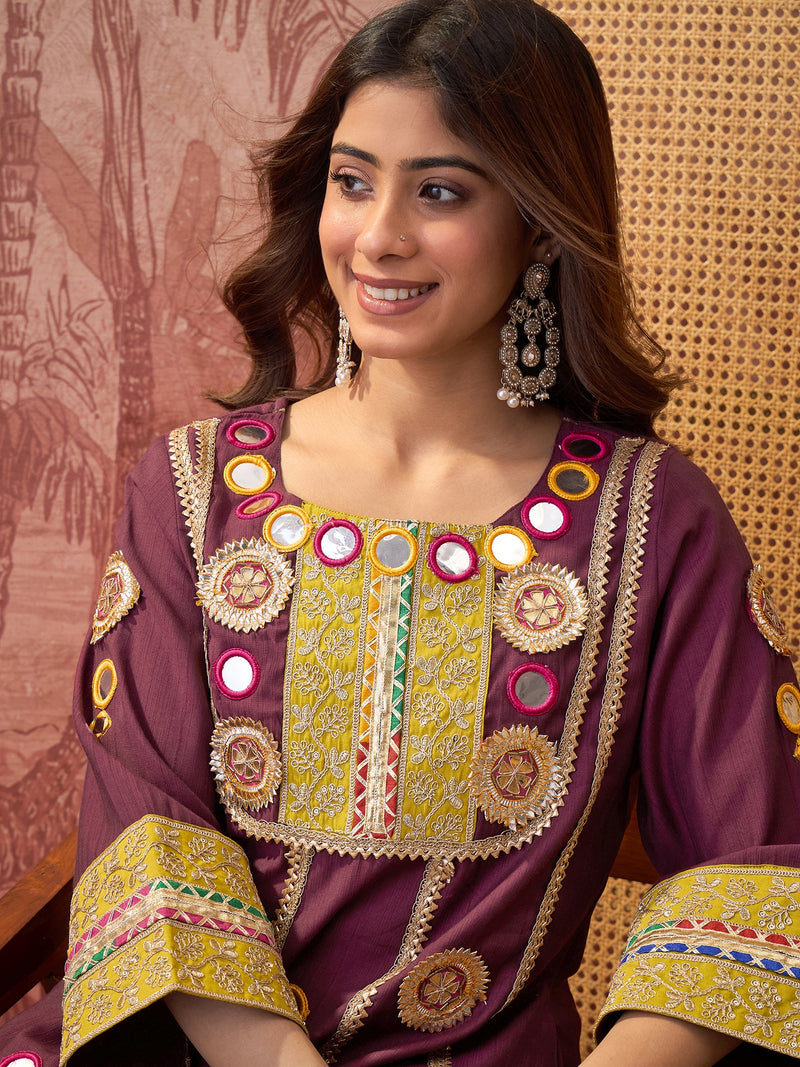 Wine Floral Embroidered & Sequinned A-Line Kurta With Palazzos & Bag Kurta Set