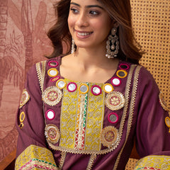 Wine Floral Embroidered & Sequinned A-Line Kurta With Palazzos & Bag Kurta Set