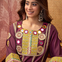 Wine Floral Embroidered & Sequinned A-Line Kurta With Palazzos & Bag Kurta Set