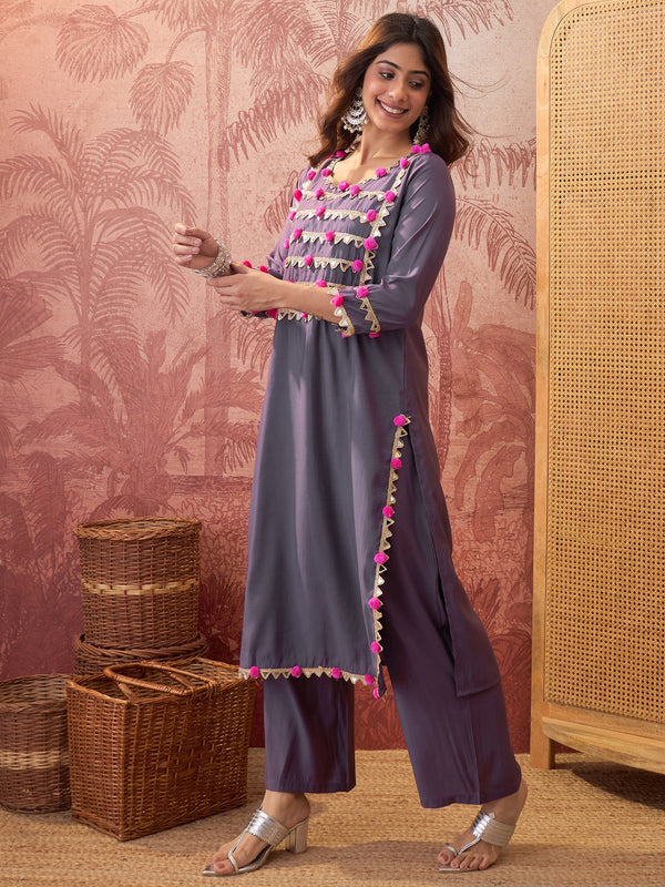 Blue lace Work & Gota Pati Straight Kurta With Trouser Kurta Set