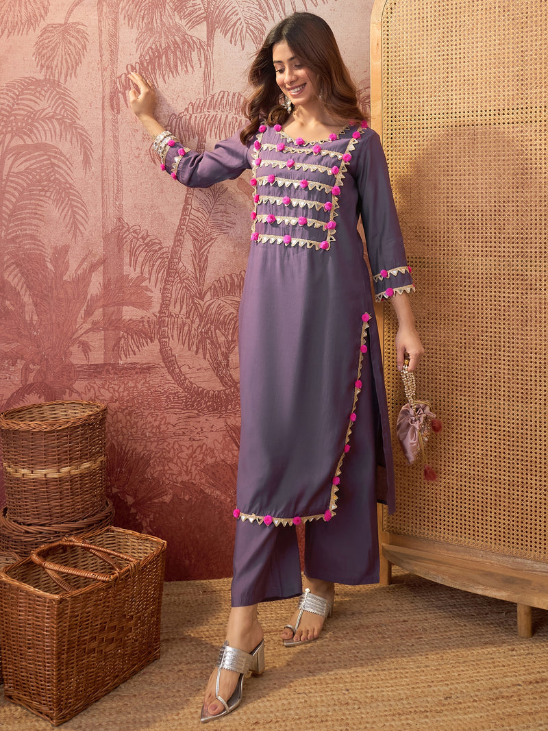 Blue lace Work & Gota Pati Straight Kurta With Trouser Kurta Set