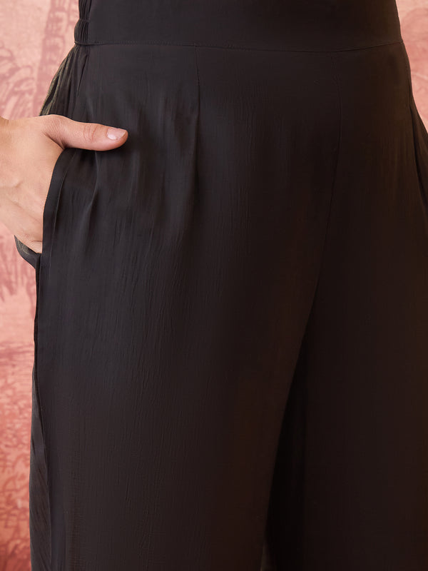 Black Floral Embroidered Straight Kurta & Trousers & Dupatta Kurta Set