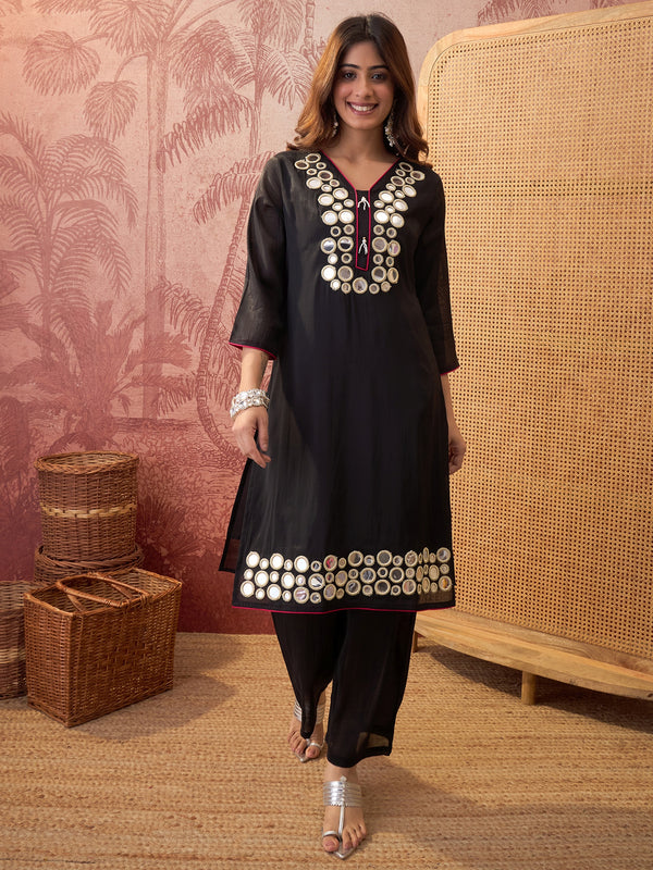 Black Floral Embroidered Straight Kurta & Trousers & Dupatta Kurta Set