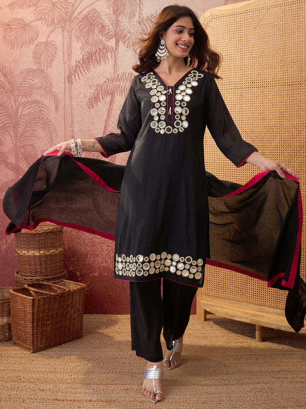 Black Floral Embroidered Straight Kurta & Trousers & Dupatta Kurta Set