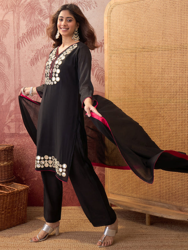 Black Floral Embroidered Straight Kurta & Trousers & Dupatta Kurta Set