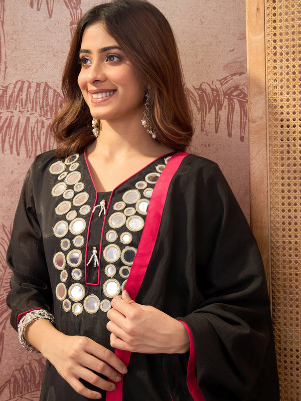 Black Floral Embroidered Straight Kurta & Trousers & Dupatta Kurta Set