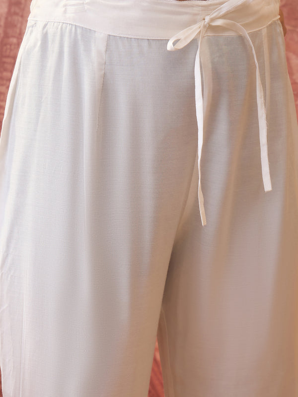 White Hand Block Print Anarkali  Kurta with Trouser & Dupatta Kurta Set