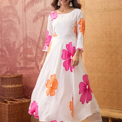 White Hand Block Print Anarkali  Kurta with Trouser & Dupatta Kurta Set