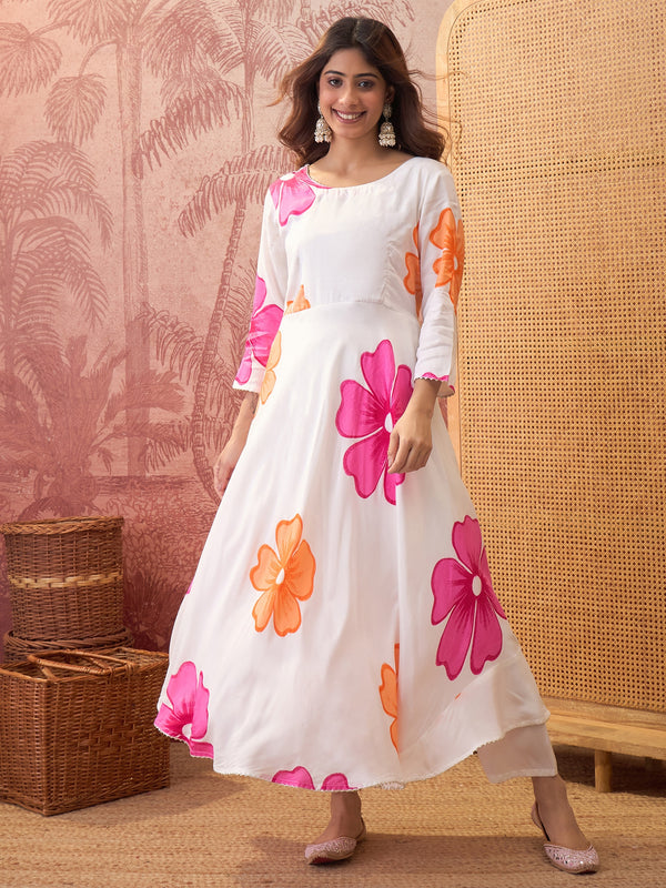 White Hand Block Print Anarkali  Kurta with Trouser & Dupatta Kurta Set