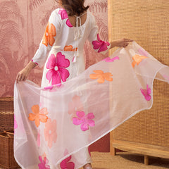 White Hand Block Print Anarkali  Kurta with Trouser & Dupatta Kurta Set