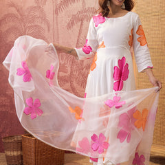 White Hand Block Print Anarkali  Kurta with Trouser & Dupatta Kurta Set