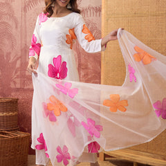 White Hand Block Print Anarkali  Kurta with Trouser & Dupatta Kurta Set