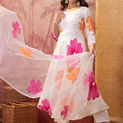 White Hand Block Print Anarkali  Kurta with Trouser & Dupatta Kurta Set
