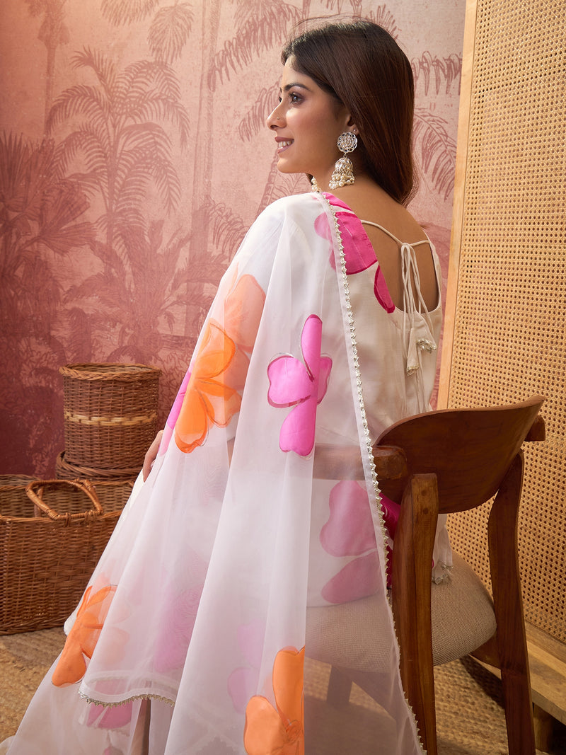 White Hand Block Print Anarkali  Kurta with Trouser & Dupatta Kurta Set