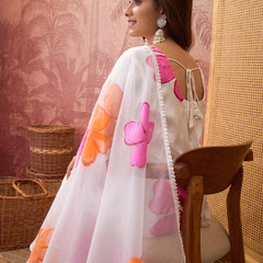White Hand Block Print Anarkali  Kurta with Trouser & Dupatta Kurta Set