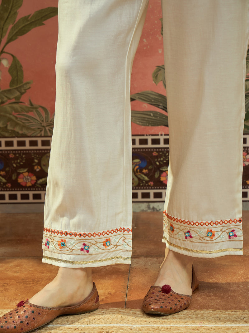 Off WhiteFloral Embroidered Straight Kurta With Trouser & Dupatta Kurta Set