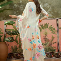 Off WhiteFloral Embroidered Straight Kurta With Trouser & Dupatta Kurta Set