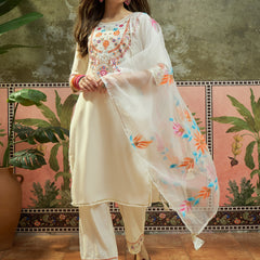 Off WhiteFloral Embroidered Straight Kurta With Trouser & Dupatta Kurta Set