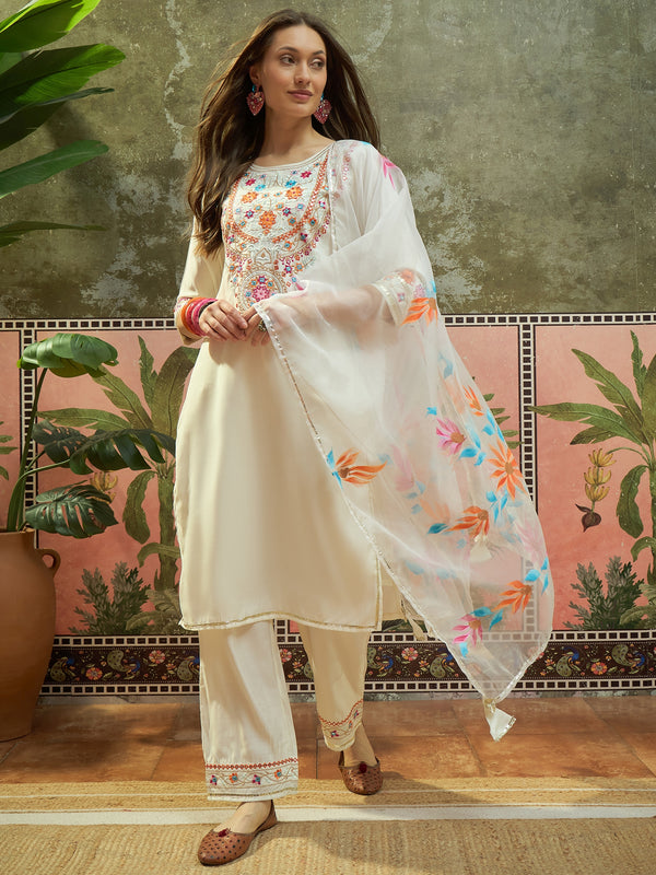 Off WhiteFloral Embroidered Straight Kurta With Trouser & Dupatta Kurta Set